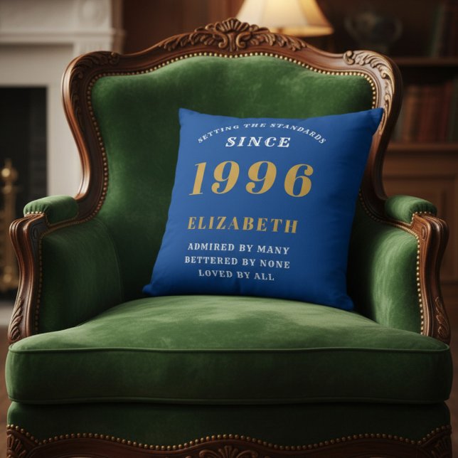 Almofada 30th Birthday 1996 Add Name Blue Gold Personalized (1996 blue throw pillow on a green velvet chair.)