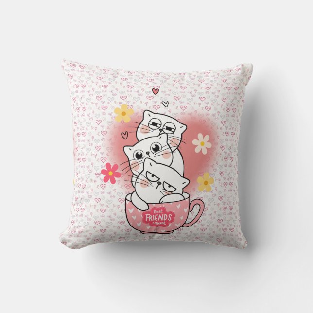 Almofada 3 gatos com flores e uma caneca (Frente)