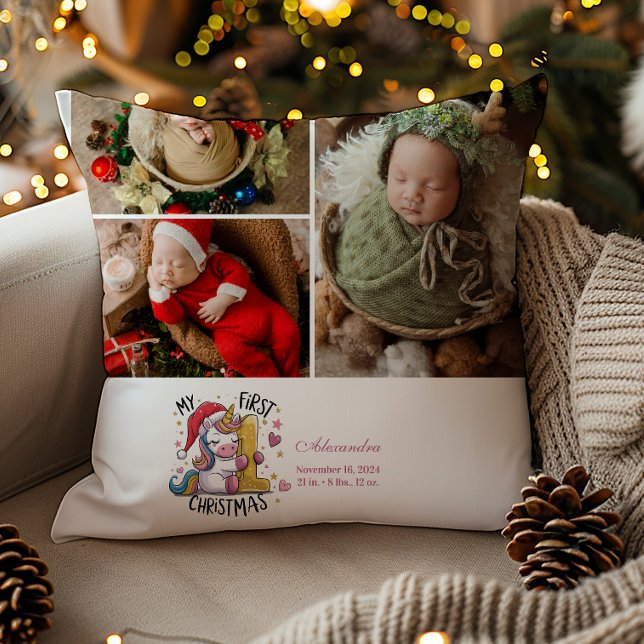 Almofada 3 Photo 1st Baby Christmas Pink Gold Unicorn (Criador carregado)