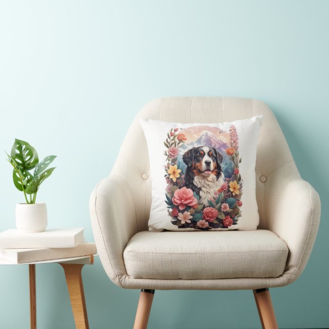 Almofada 3D Fantasia Floral Bernese Mountain Dog Birds Ver (Cadeira)