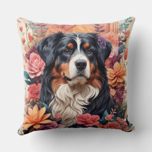 Almofada 3D Fantasia Floral Bernese Mountain Dog Birds Ver