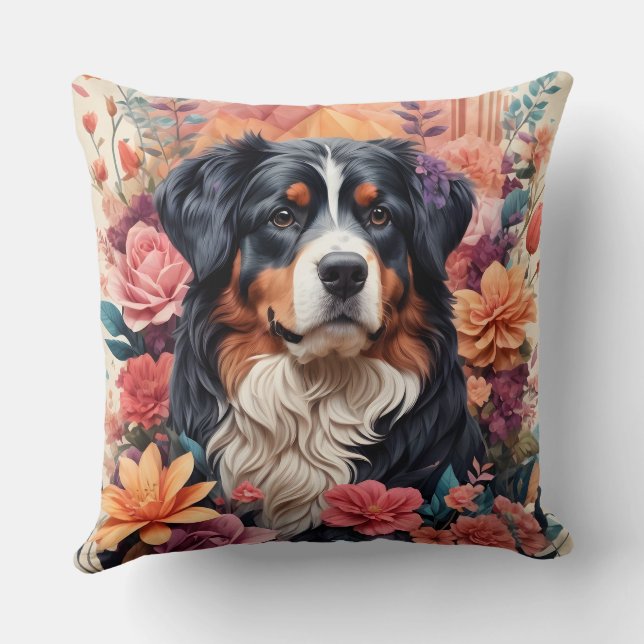 Almofada 3D Fantasia Floral Bernese Mountain Dog Birds Ver (Verso)
