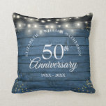 Almofada 50º aniversário da Corrente Dourada de Poeira Luze<br><div class="desc">Apresentando luzes de cordas e confete de poeira dourada em um fundo azul de painéis de madeira rústica. Personalize com suas informações especiais de aniversário de 50 anos em ouro em carta chic. Projetado por Thisnotme©</div>