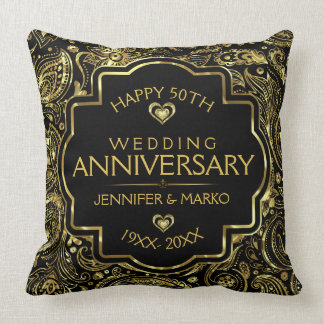 Almofada 50º Aniversário de Casamento Negro e Design Dourad