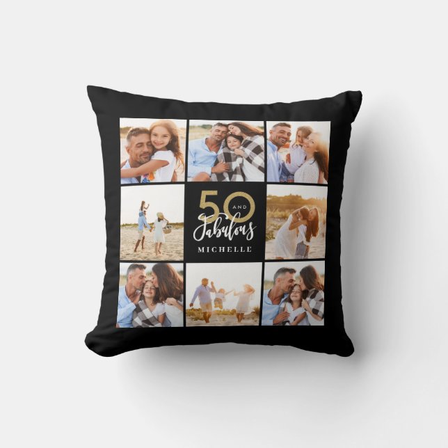 Almofada 50 anos e fabuloso aniversário de fotos em preto-e (Frente)