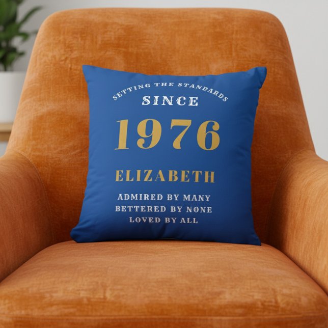 Almofada 50th Birthday 1976 Add Name Blue Gold Personalized (1976 Blue throw pillow on orange chair.)