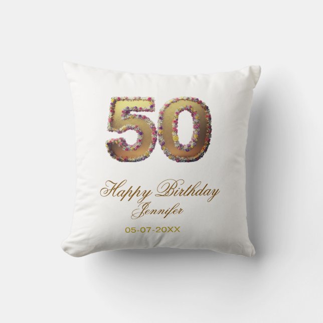 Almofada 50th birthday add name date year gold floral bold  (Frente)