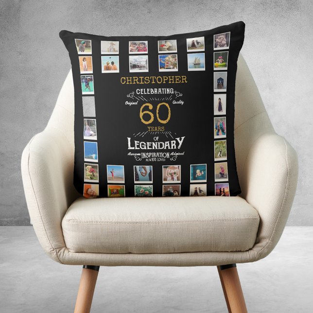 Almofada 60º aniversário Foto Dourada lendária negra (60th Birthday Black Gold Legendary Photo Throw Pillow
)