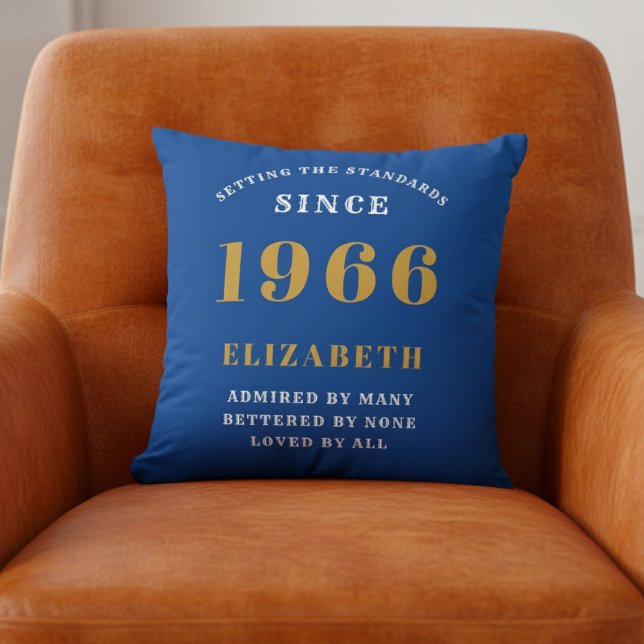 Almofada 60th Birthday 1966 Add Name Blue Gold Personalized (Blue 1966 throw pillow on orange chair.)