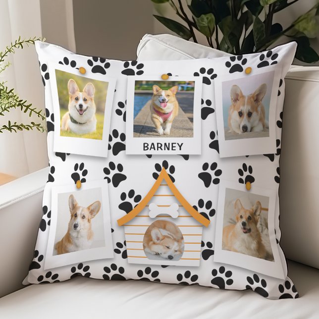 Almofada 6 Colagem de Fotografias Adicionar Nome Dog House  (6 Photo Collage, Add Your Dog Name, Doghouse and Paw Prints Pillow)