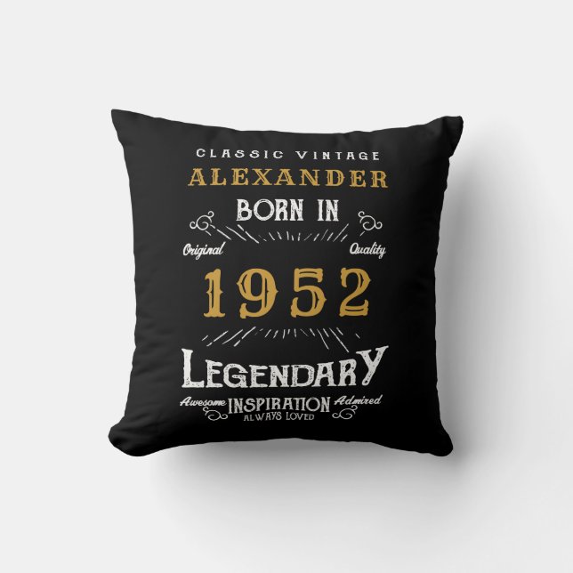 Almofada 70 Birthday 1952 Black Dourado Add Name Retro (Frente)
