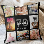 Almofada 70 de aniversário personalizado foto colagem mulhe<br><div class="desc">Um presente único para uma mulher de 70,  celebrando sua vida com uma colagem de 8 fotos,  fotos. Personalize e adicione seu nome,  70 anos e uma data. Um fundo preto chic. Cinzas e letras brancas e números. O nome é escrito com um moderno estilo escrito à mão.</div>