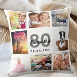 Almofada 80 de aniversário personalizado foto colagem branc<br><div class="desc">Um presente único para uma mulher de 80,  celebrando sua vida com uma colagem de 8 fotos,  fotos. Personalize e adicione seu nome,  80 anos e uma data. Um fundo branco chic. Cinzas e letras e números negros. O nome é escrito com um moderno estilo escrito à mão.</div>