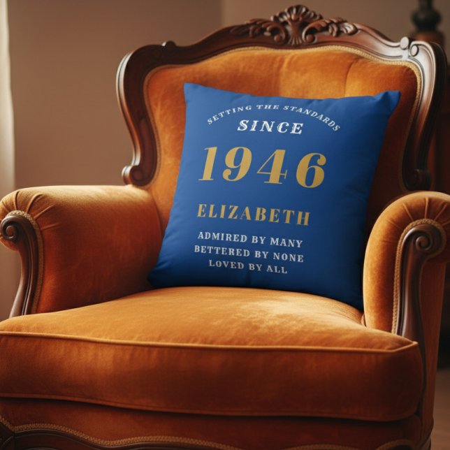 Almofada 80th Birthday 1946 Add Name Blue Gold Personalized (1946 throw pillow on orange chair)