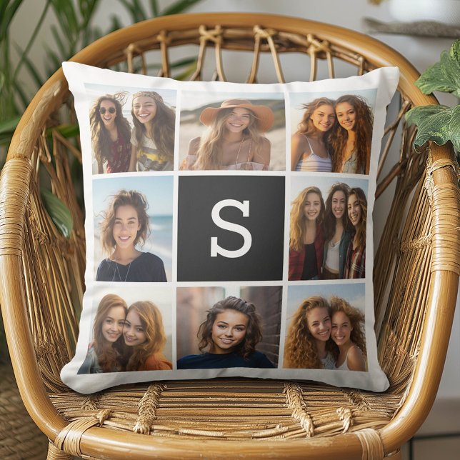 Almofada 8 Colagem de fotos com monograma branco preto (Custom Photo Pillow - Add Your Own Pics!)