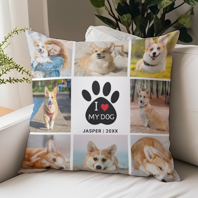 Almofada 8 Colagem Fotográfica I Love My Dog Paw Print (8 Photo Collage, Add Name and Year, I Love My Dog Pillow)