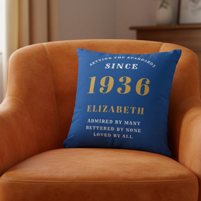 Almofada 90th Birthday 1936 Add Name Blue Gold Personalized (1936 blue cushion on orange chair)