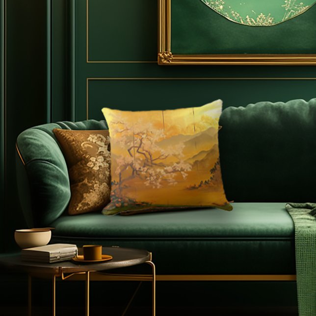 Almofada A antiga Ásia "Ouro amanhecer" inspirada (Stylish Edo-Japan Era Cherry Blossom Decorative Asian Throw Pillow)