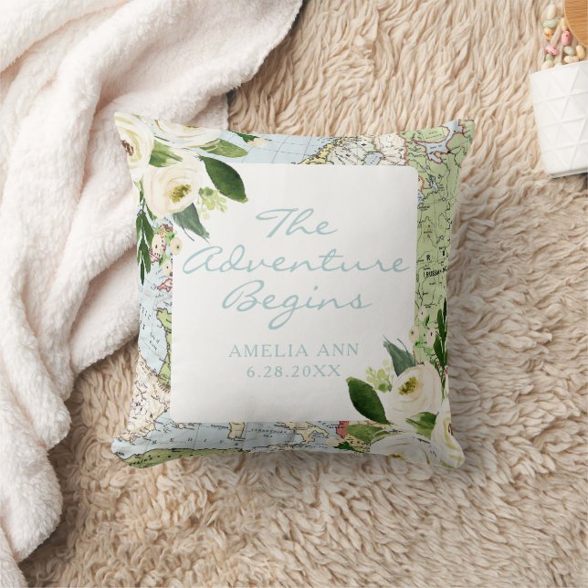 Almofada A Aventura Começa Nome Do Bebê Data Mapa Floral Pe (Cobertor)