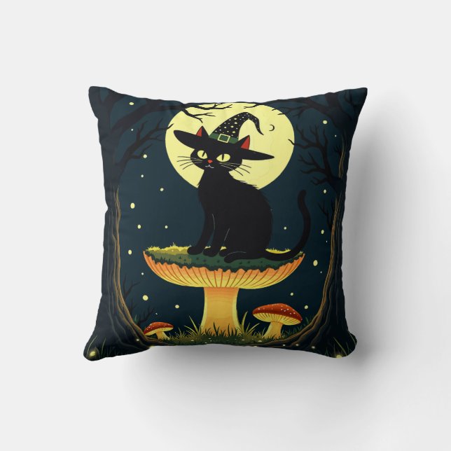 Almofada A Little Black Witchy Cat Sitting On A Toadstool (Verso)