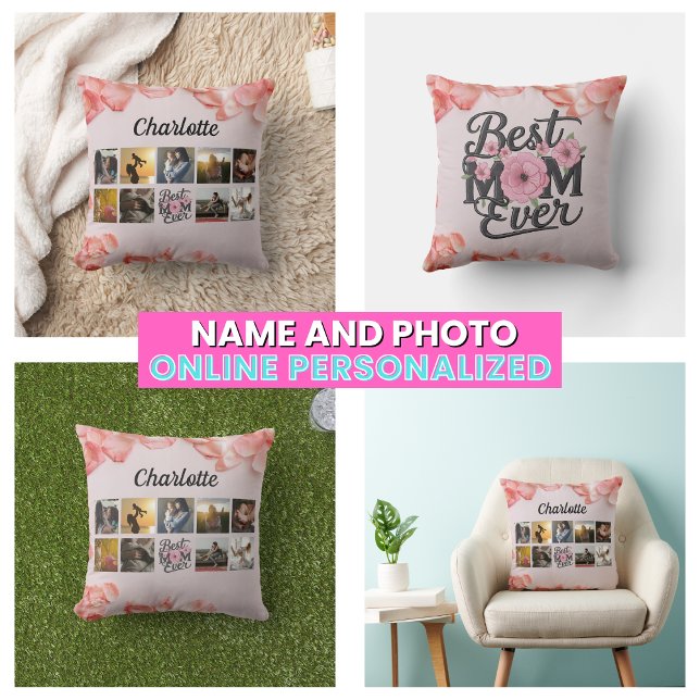 Almofada A Melhor Mãe Floral já Escreveu Colagem Fotográfic (Floral Best Mom Ever Script Mother's Photo Collage Throw Pillow)