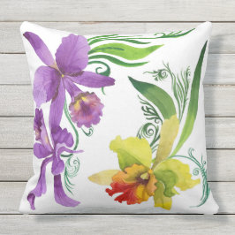 Almofada A orquídea roxa e amarela floresce a Aquarela