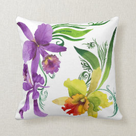 Almofada A orquídea roxa e amarela floresce a Aquarela