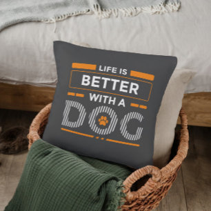 Almofada A vida é melhor com um cão, laranja moderno e bran