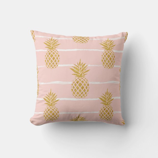 Almofada Abacaxi Dourado, fundo de verão em Striped. (Frente)