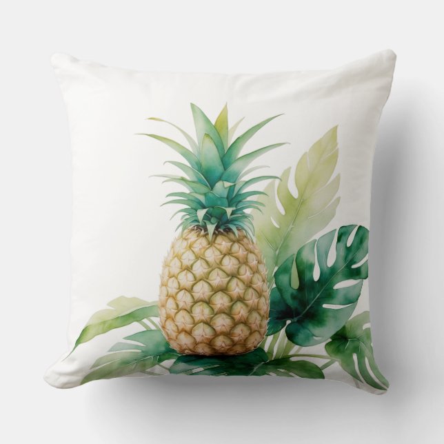 Almofada Abacaxi ouro com Monstera Watercolor Tropical (Frente)