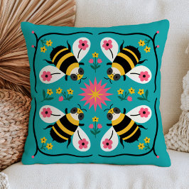 Almofada Abeilhas Estilizadas Fofas na Arte Folclórica Flor