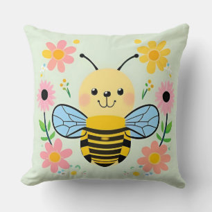 Almofada Abeja de desenho animado fofa rodeada por flores c