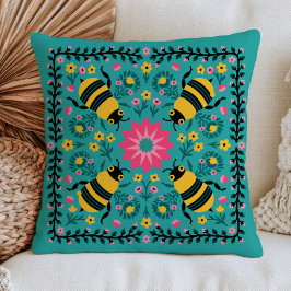 Almofada Abejas Amarillas en Cottagecore Floral Azul