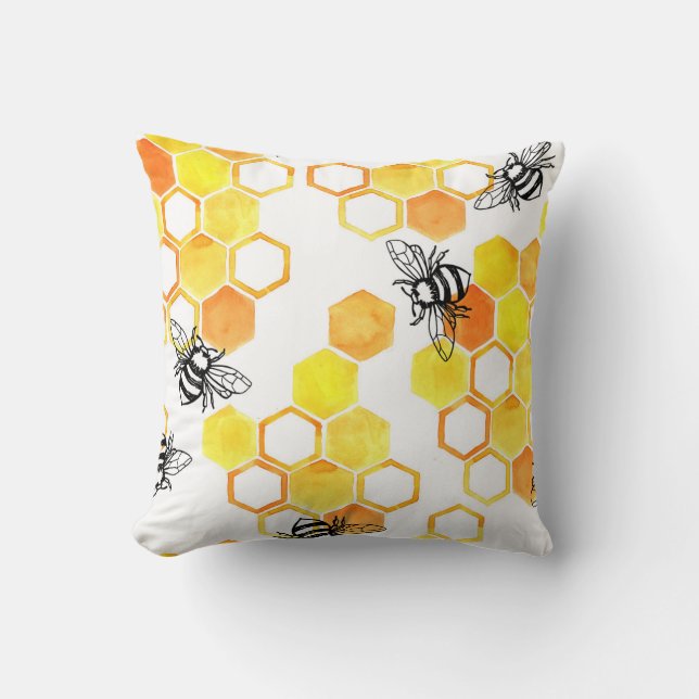 Almofada Abelhas de Mel: Padrão Amarelo de Aquarela (Frente)