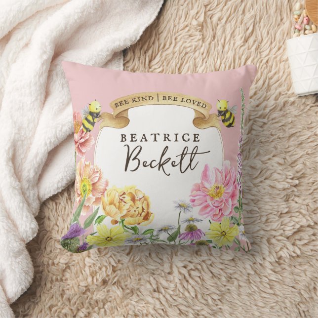 Almofada Abelhas rosa-brancas e flores silvestres (Cobertor)