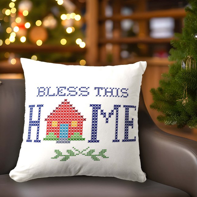 Almofada Abençoe Este Travesseiro Doméstico (Add a touch of love to your home with our "Bless This Home" pillow, original cross stitch design.)