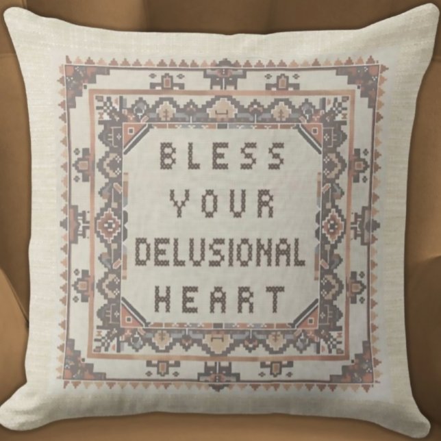Almofada Abençoe Seu Coração Delirante - Faux Engraçada Sti (Bless Your Delusional Heart
Funny Faux Needlepoint Embroidered Pillow Neutral Colors Aztec Border)