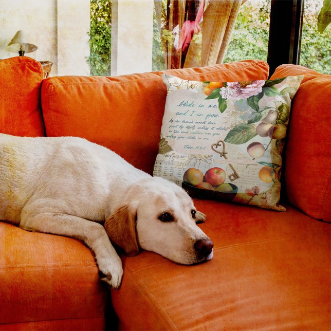 Almofada Abide in Me Fruitoso Faith (Inspirational collage of fruit, scripture verse, sheet music, and elements of faith.  )