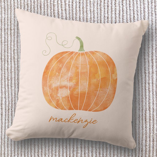 Almofada Abóbora Aquarela Personalizada Outono (Watercolor pumpkin personalized custom script name autumn fall decor cozy throw pillow)