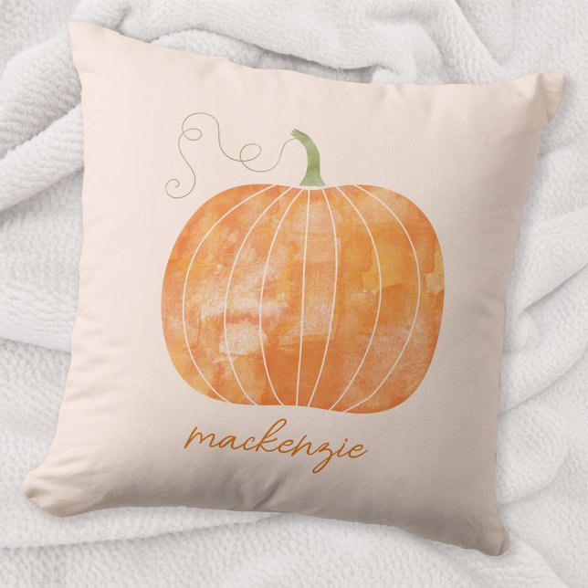 Almofada Abóbora Aquarela Personalizada Outono (Watercolor pumpkin personalized custom script name autumn fall decor cozy throw pillow)