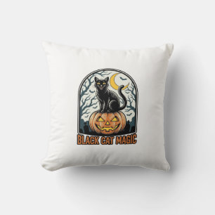 Almofada Abóbora de Gato Preto Gravura Vintage de Halloween