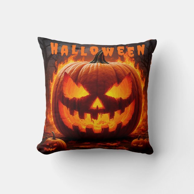 Almofada Abóbora de Halloween Assustadora com Chama (Frente)
