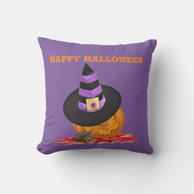Almofada Abóbora de Halloween assustadora e chapéu de bruxa (Frente)
