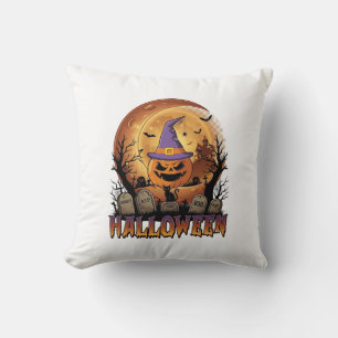 Almofada Abóbora de Halloween Bruxa Chapéu Gato Preto Lua C