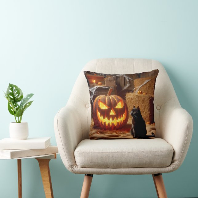 Almofada Abóbora de Halloween e Gato no Celeiro (Cadeira)