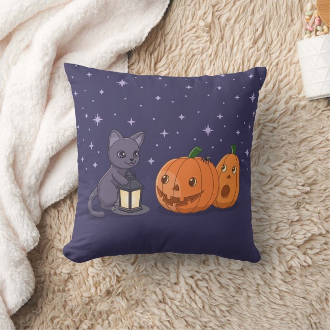 Almofada Abóbora Lanterna de Gato Preto no Halloween Roxo (Cobertor)