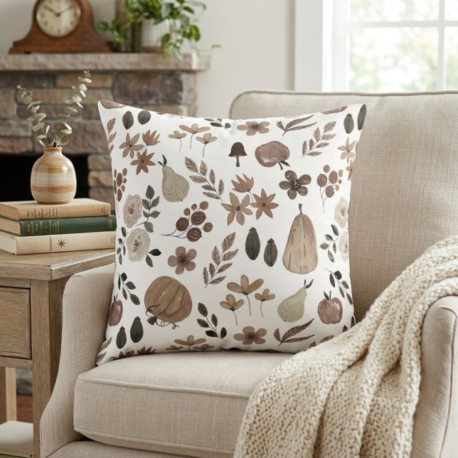 Almofada Abóboras e Folhagem da Colheita de Outono Suave (Muted Autumn Harvest Pumpkins and Foliage Throw Pillow)