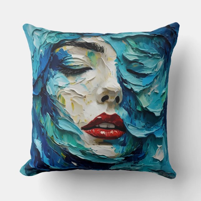 Almofada Abstract art painting female face ocean waves (Frente)