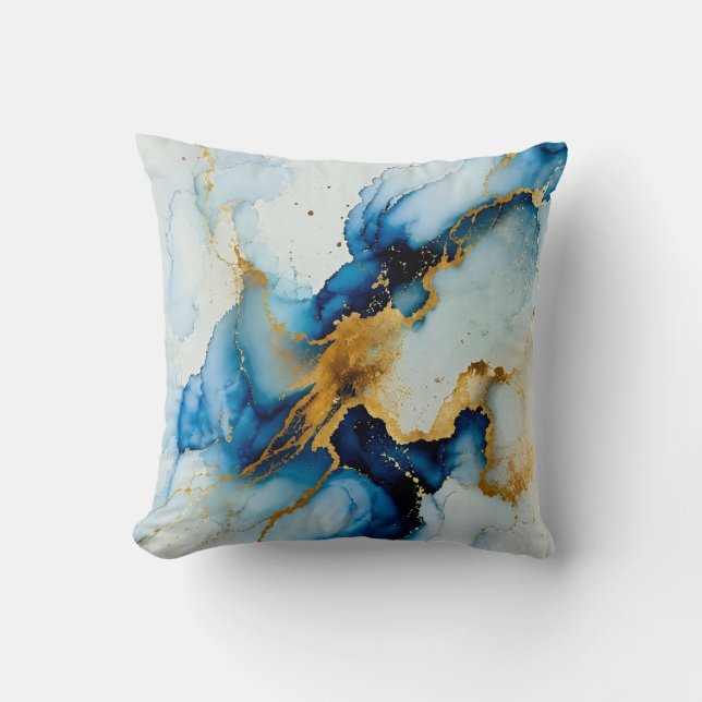 Almofada Abstrata de Tinta Álcool Azul e Dourado M (Frente)