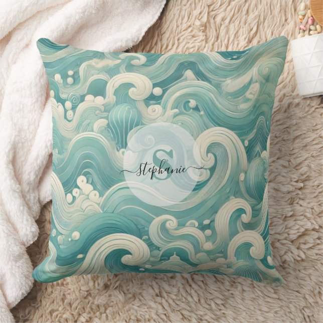 Almofada Abstrato Aqua Blue & White Wave - Arte Fluida Mode (Cobertor)